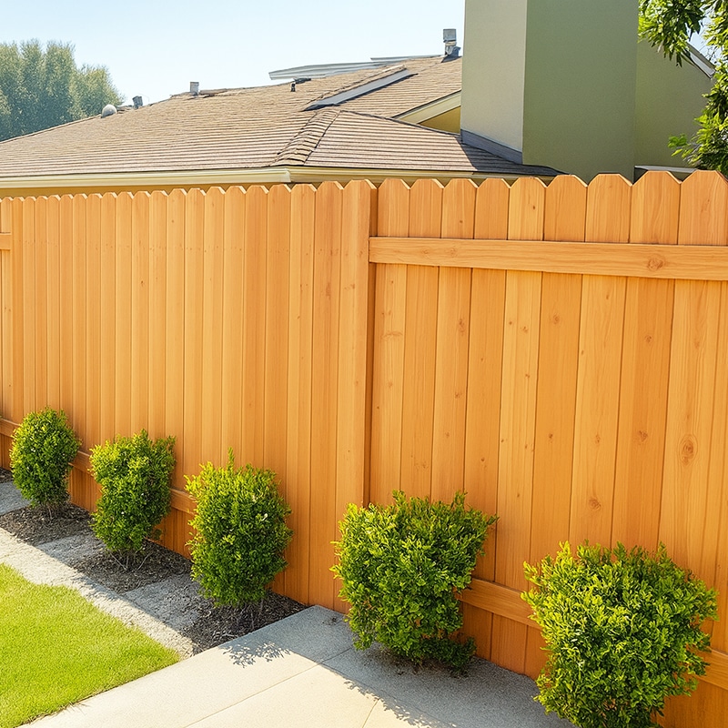 Photo of a residential light cedar wood fence installed in a backyard.