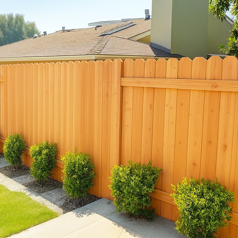 Photo of a residential light cedar wood fence installed in a backyard.