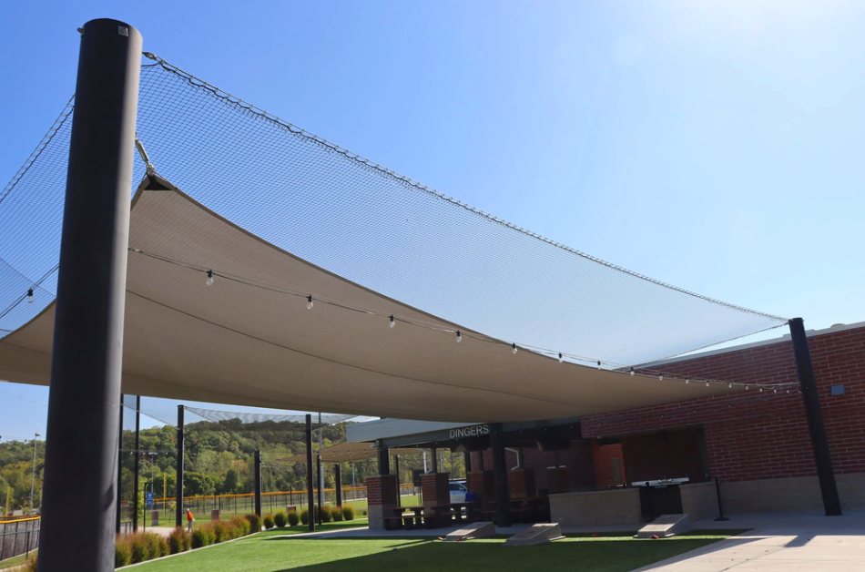 Shade canopy beside a clubhouse